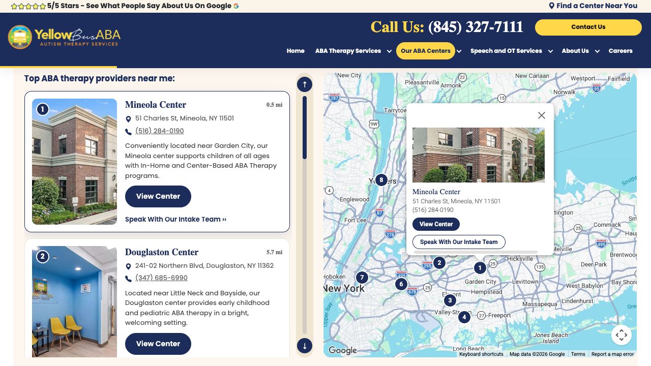 Actual therapy center finder showing Mineola and Douglaston center cards beside a map with matching location markers