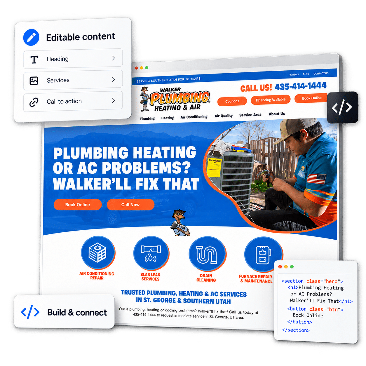 Editable website development using the plumbing website