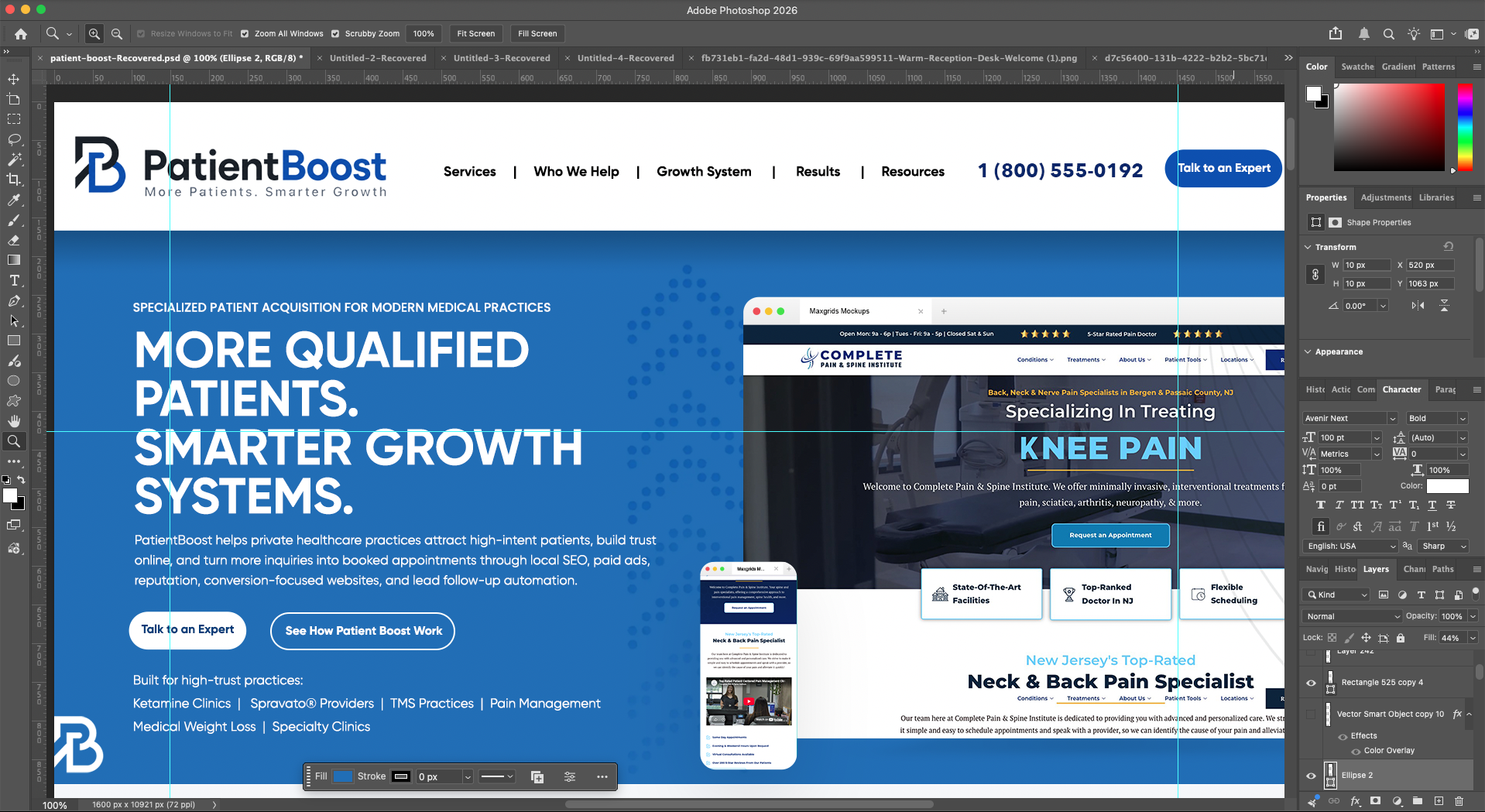 Actual Adobe Photoshop workspace showing Jorge’s PatientBoost website design, guides and layers