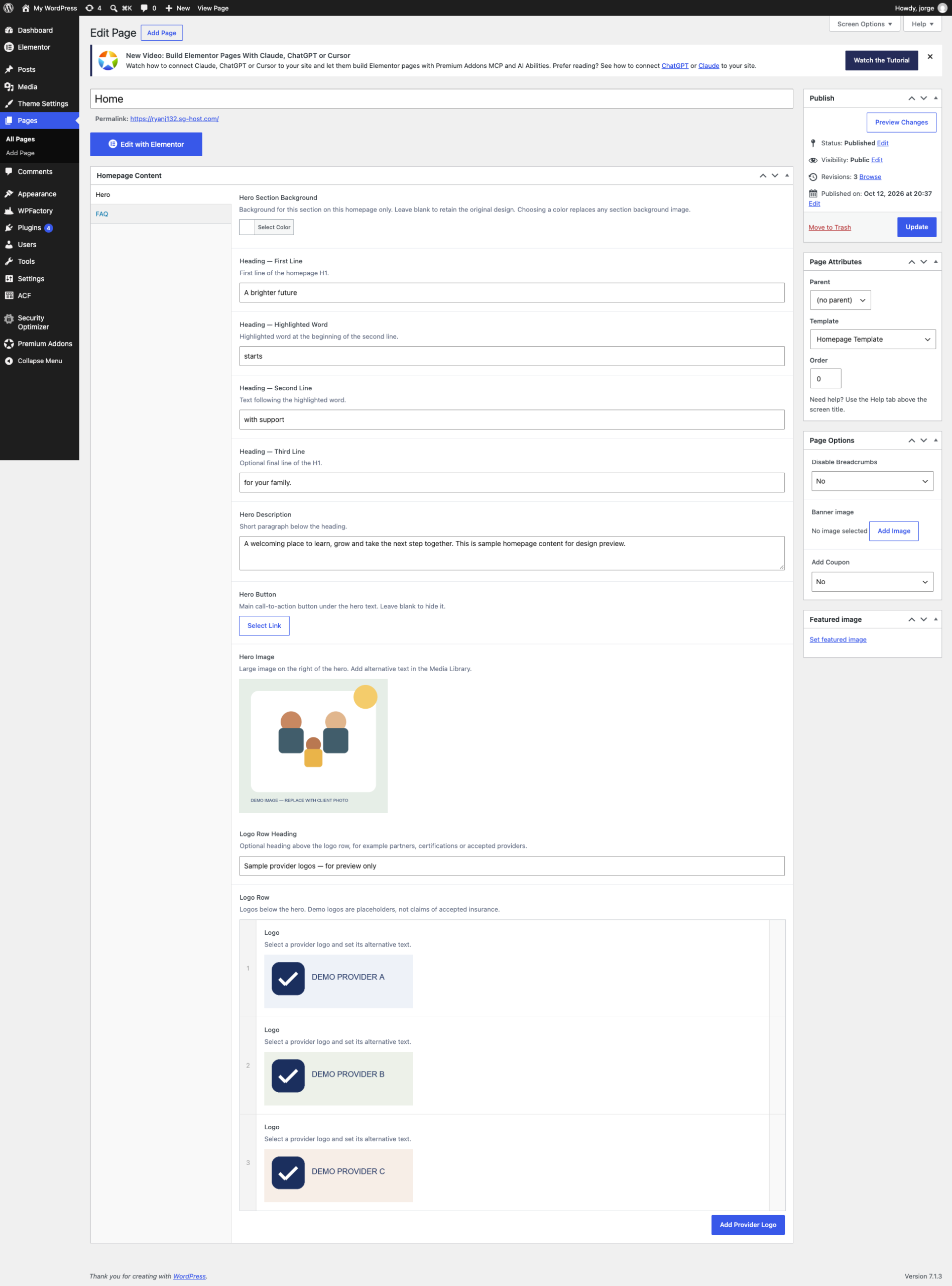 Actual WordPress editing screen showing custom homepage fields and ACF controls