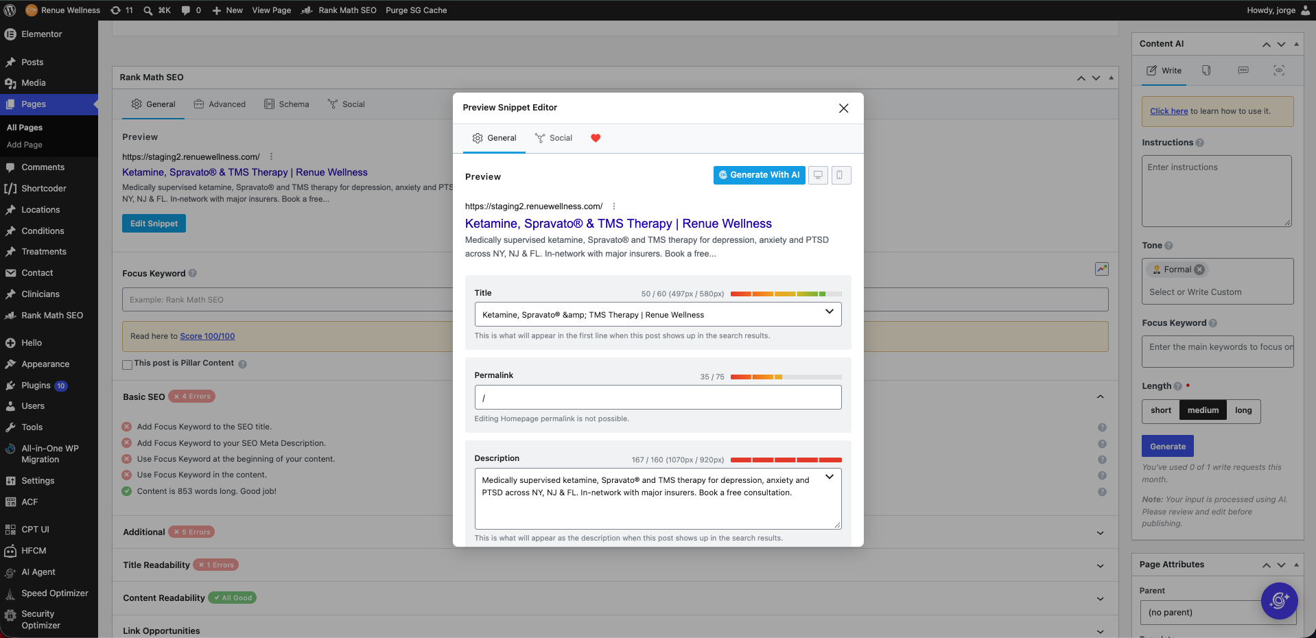 Actual WordPress Rank Math SEO snippet editor showing the search preview, title field, and meta-description field